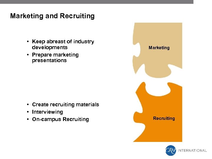 Marketing and Recruiting • Keep abreast of industry developments • Prepare marketing presentations •