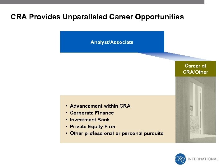 CRA Provides Unparalleled Career Opportunities Analyst/Associate Career at CRA/Other • • • Advancement within