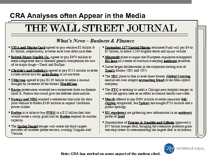 CRA Analyses often Appear in the Media What’s News – Business & Finance §