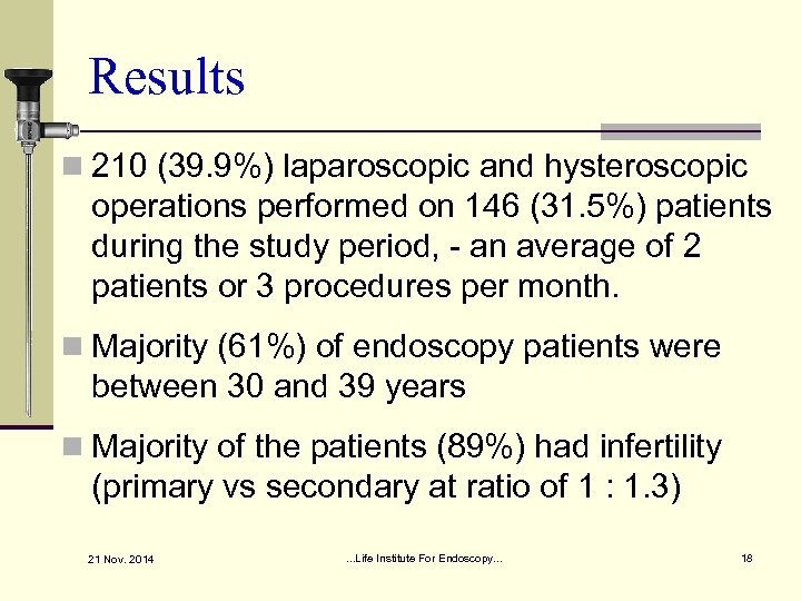 Results n 210 (39. 9%) laparoscopic and hysteroscopic operations performed on 146 (31. 5%)