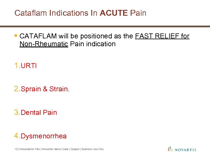 Cataflam Indications In ACUTE Pain § CATAFLAM will be positioned as the FAST RELIEF