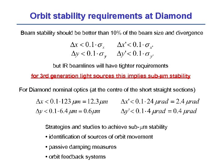 Orbit stability requirements at Diamond Beam stability should be better than 10% of the