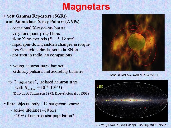 Magnetars • Soft Gamma Repeaters (SGRs) and Anomalous X-ray Pulsars (AXPs) - occasional X-ray/