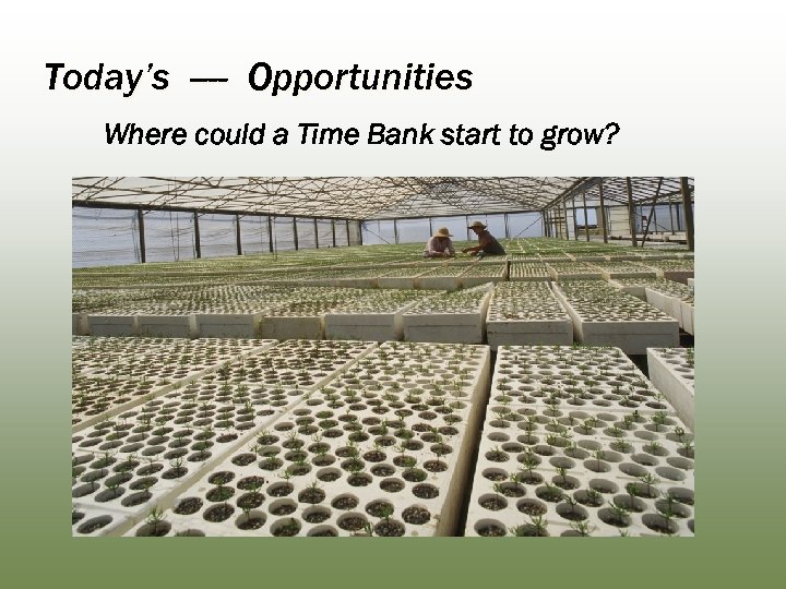 Today’s ---- Opportunities Where could a Time Bank start to grow? 