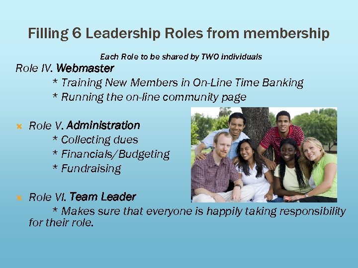 Filling 6 Leadership Roles from membership Each Role to be shared by TWO individuals