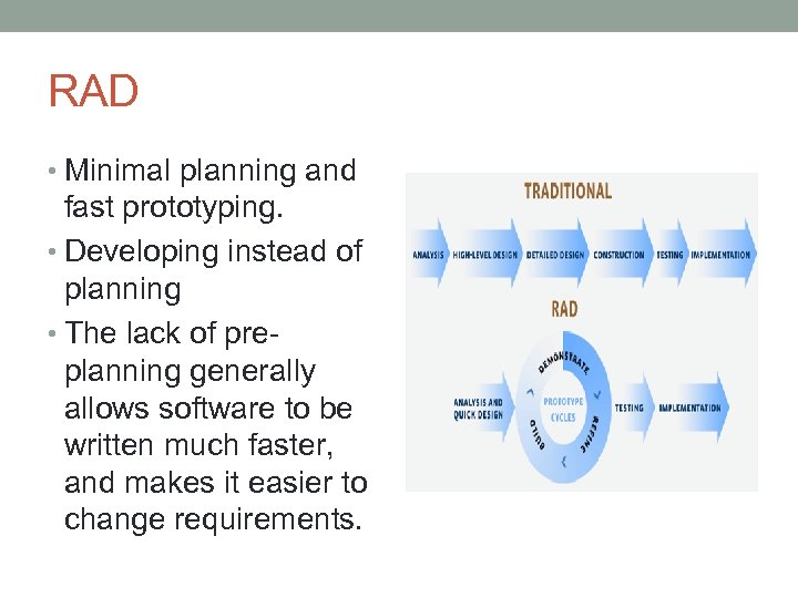 RAD • Minimal planning and fast prototyping. • Developing instead of planning • The