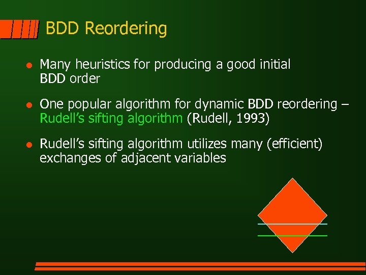 BDD Reordering l Many heuristics for producing a good initial BDD order l One
