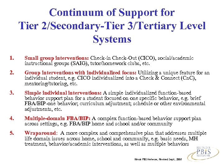 Continuum of Support for Tier 2/Secondary-Tier 3/Tertiary Level Systems 1. Small group interventions: Check-in
