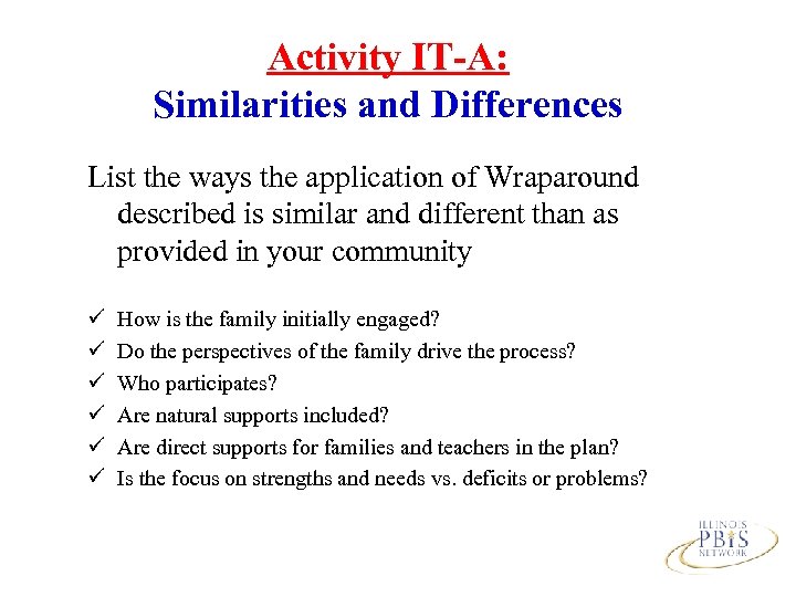 Activity IT-A: Similarities and Differences List the ways the application of Wraparound described is