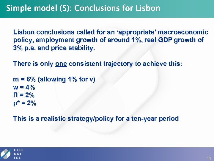 Simple model (5): Conclusions for Lisbon conclusions called for an ‘appropriate’ macroeconomic policy, employment