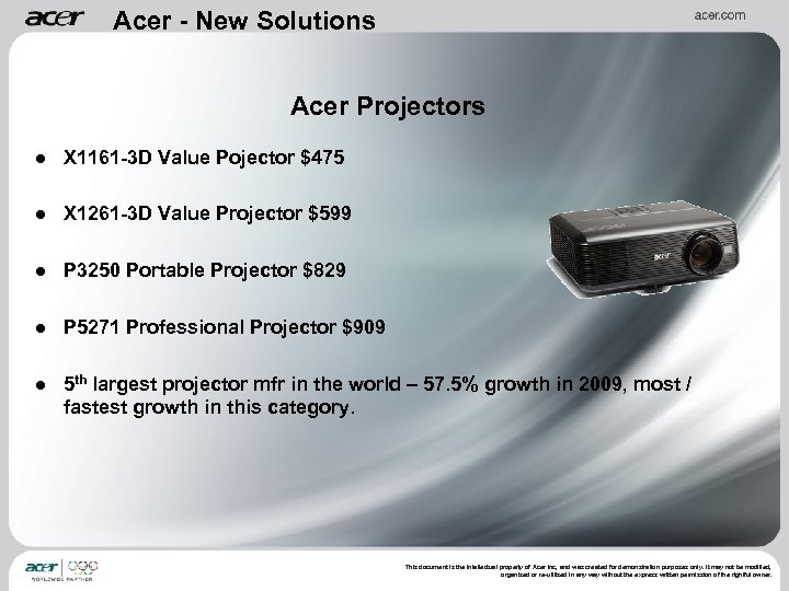 Acer - New Solutions Acer Projectors ● X 1161 -3 D Value Pojector $475