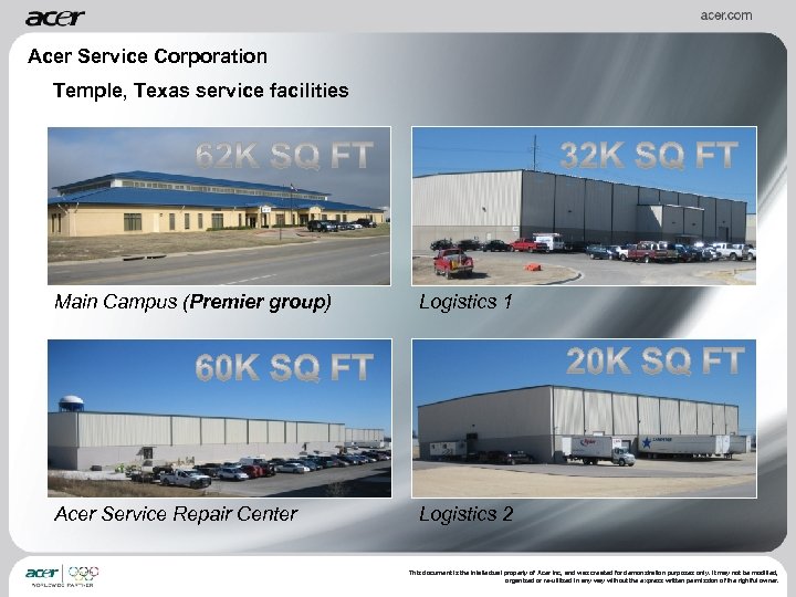 Acer Service Corporation Temple, Texas service facilities Main Campus (Premier group) Logistics 1 Acer