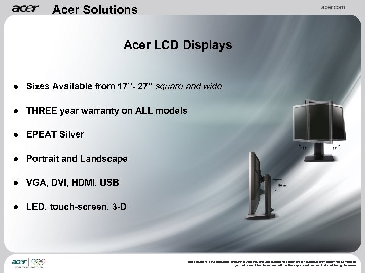 Acer Solutions Acer LCD Displays ● Sizes Available from 17”- 27” square and wide