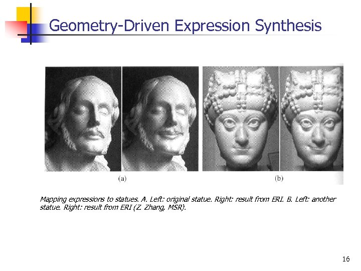 Geometry-Driven Expression Synthesis Mapping expressions to statues. A. Left: original statue. Right: result from