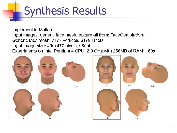 Synthesis Results Implement in Matlab Input images, generic face mesh, texture all from: Face.