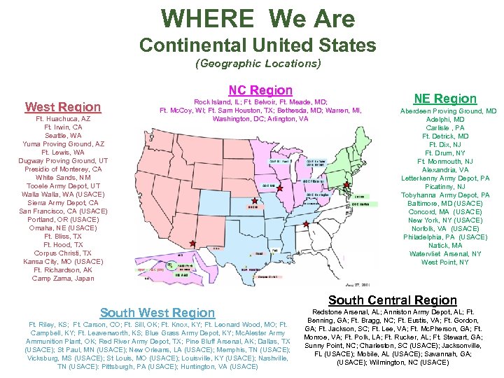 WHERE We Are Continental United States (Geographic Locations) NC Region West Region Ft. Huachuca,