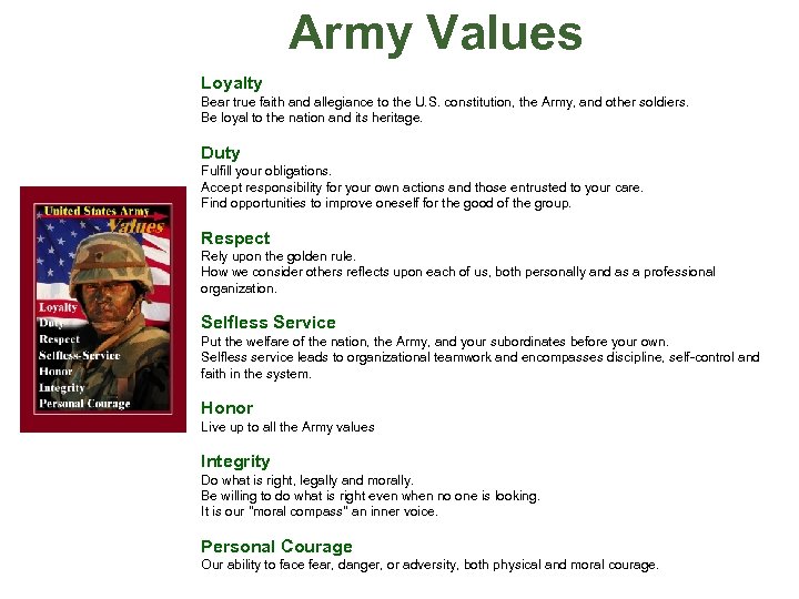 Army Values Loyalty Bear true faith and allegiance to the U. S. constitution, the