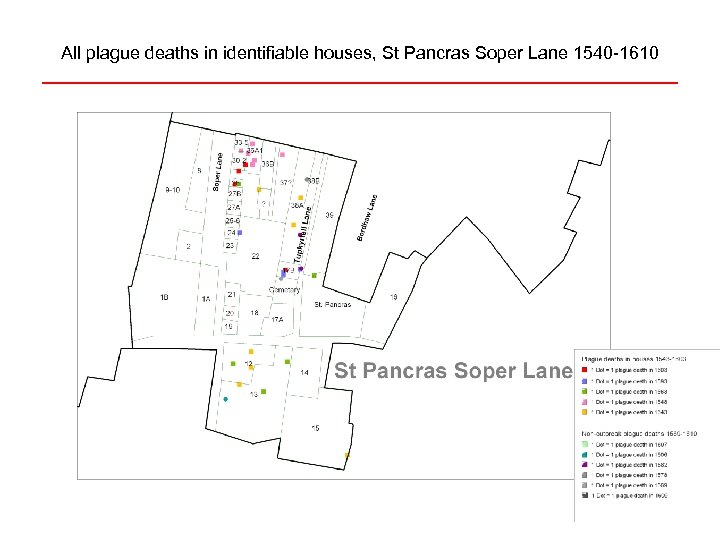 All plague deaths in identifiable houses, St Pancras Soper Lane 1540 -1610 