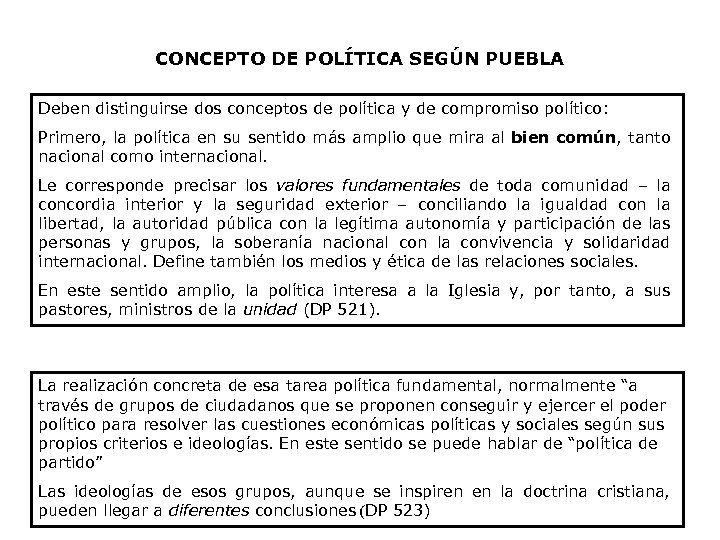 CONCEPTO DE POLÍTICA SEGÚN PUEBLA Deben distinguirse dos conceptos de política y de compromiso