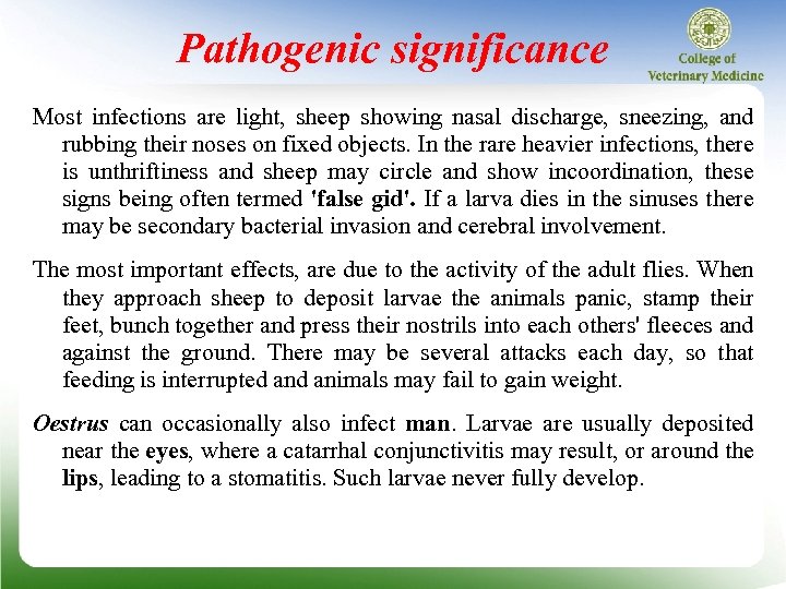 Pathogenic significance Most infections are light, sheep showing nasal discharge, sneezing, and rubbing their