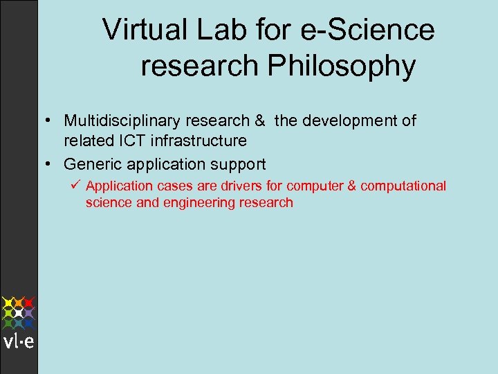 Virtual Lab for e-Science research Philosophy • Multidisciplinary research & the development of related