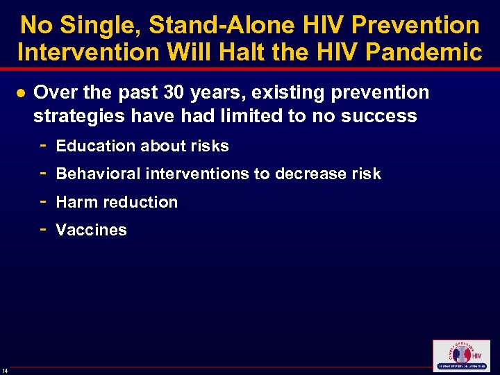 No Single, Stand-Alone HIV Prevention Intervention Will Halt the HIV Pandemic ● Over the
