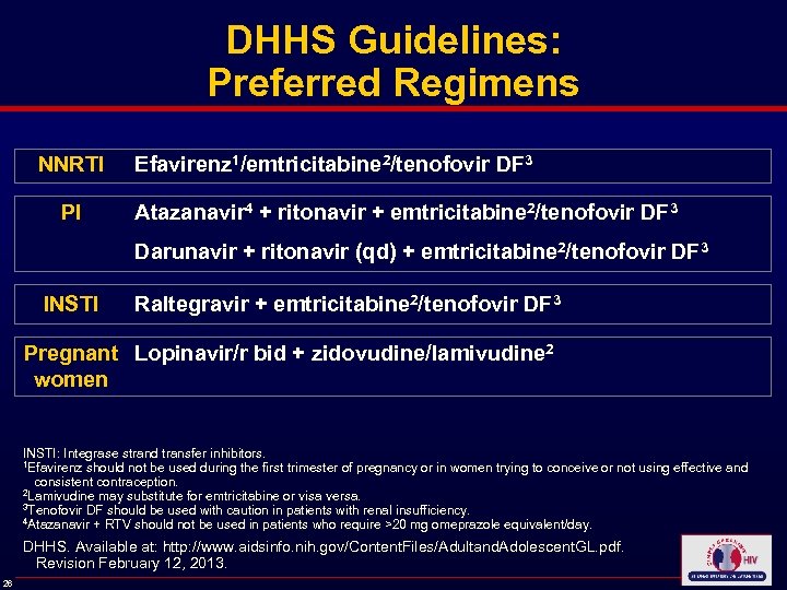 DHHS Guidelines: Preferred Regimens NNRTI PI Efavirenz 1/emtricitabine 2/tenofovir DF 3 Atazanavir 4 +