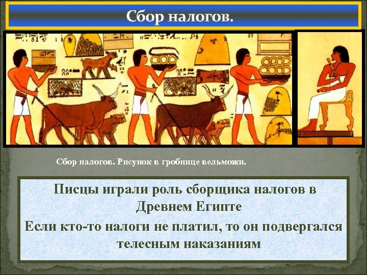 Сбор налогов. Рисунок в гробнице вельможи. Писцы играли роль сборщика налогов в Древнем Египте
