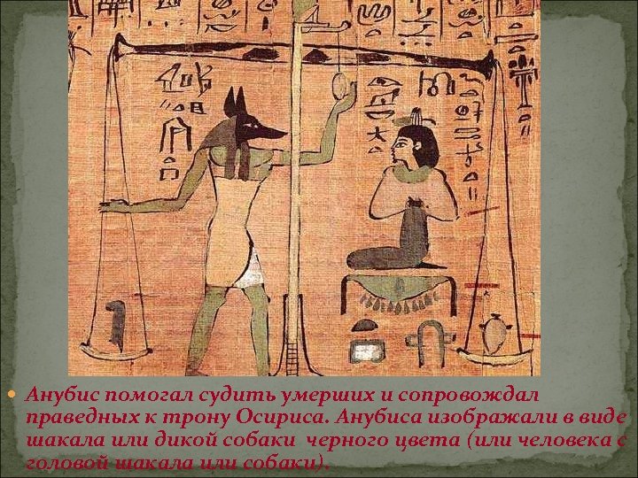  Анубис помогал судить умерших и сопровождал праведных к трону Осириса. Анубиса изображали в