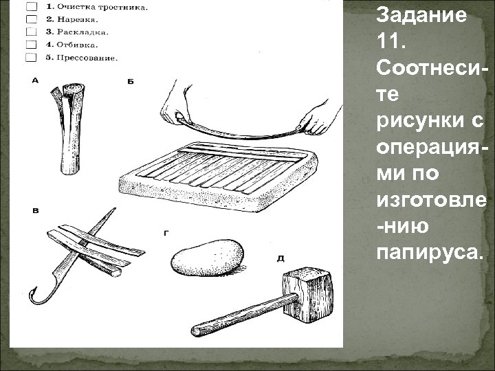 Задание 11. Соотнесите рисунки с операциями по изготовле -нию папируса. 