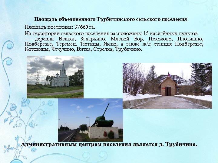 Площадь объединенного Трубичинского сельского поселения Площадь поселения: 37660 га. На территории сельского поселения расположены