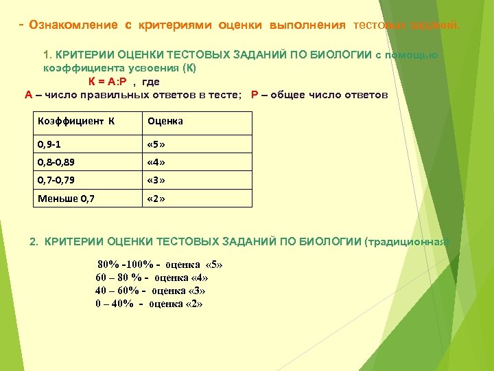 - Ознакомление с критериями оценки выполнения тестовых заданий. 1. КРИТЕРИИ ОЦЕНКИ ТЕСТОВЫХ ЗАДАНИЙ ПО