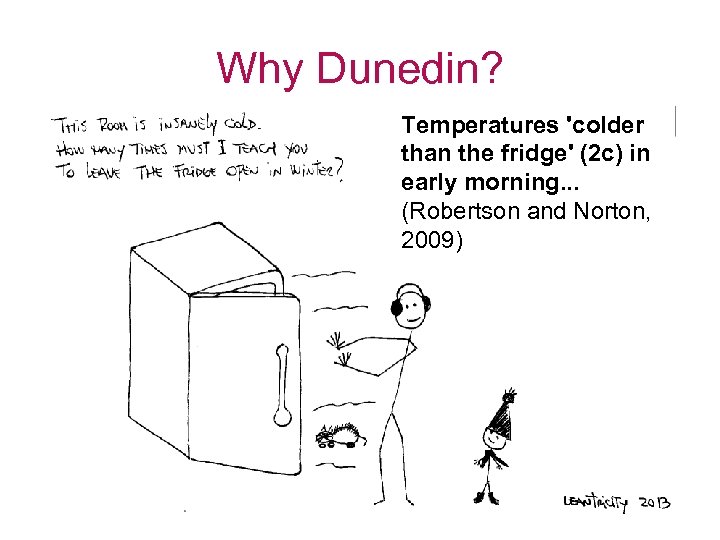 Why Dunedin? Temperatures 'colder than the fridge' (2 c) in early morning. . .