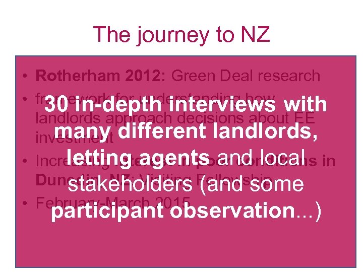 The journey to NZ • Rotherham 2012: Green Deal research • framework for understanding