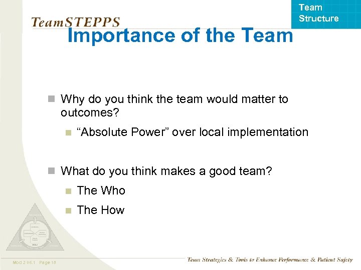 Team Structure Importance of the Team n Why do you think the team would