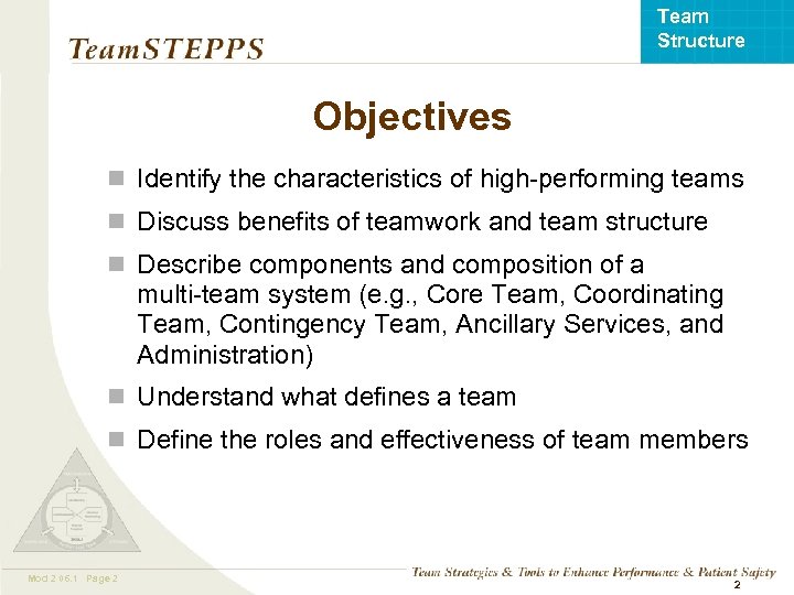 Team Structure Objectives n Identify the characteristics of high-performing teams n Discuss benefits of