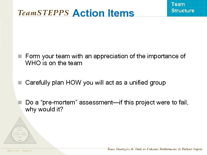 Action Items Team Structure n Form your team with an appreciation of the importance