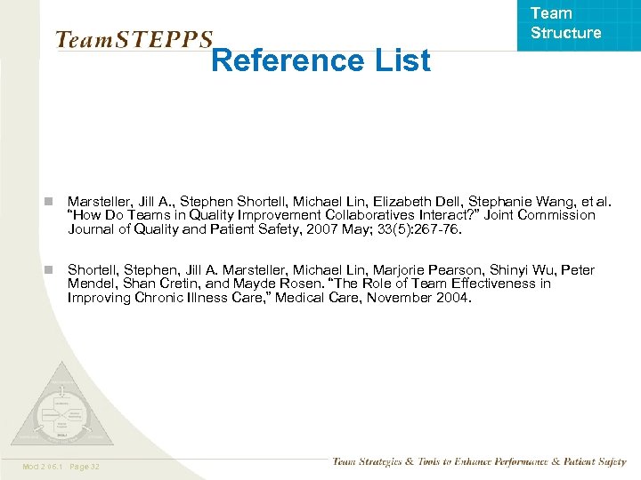 Team Structure Reference List n Marsteller, Jill A. , Stephen Shortell, Michael Lin, Elizabeth