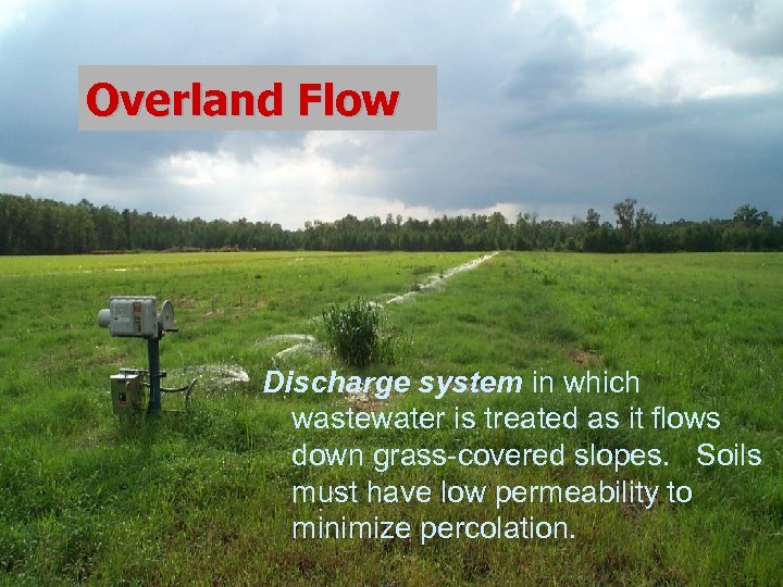 Overland Flow Discharge system in which wastewater is treated as it flows down grass-covered