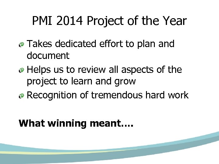 PMI 2014 Project of the Year Takes dedicated effort to plan and document Helps