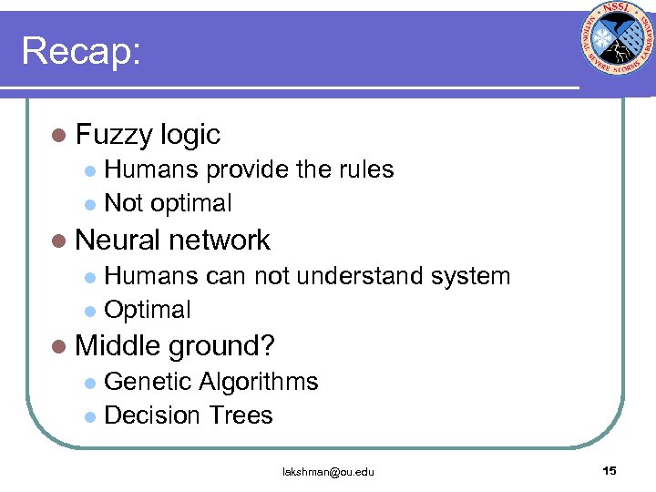 Recap: l Fuzzy logic Humans provide the rules l Not optimal l l Neural