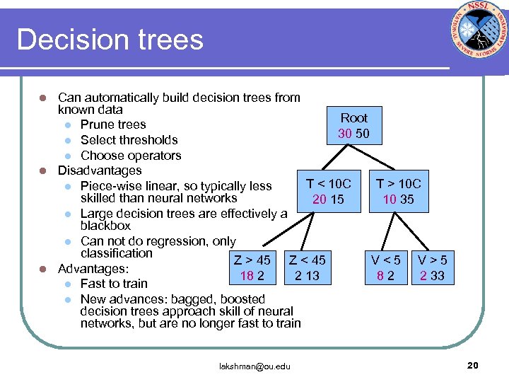 Decision trees Can automatically build decision trees from known data Root l Prune trees