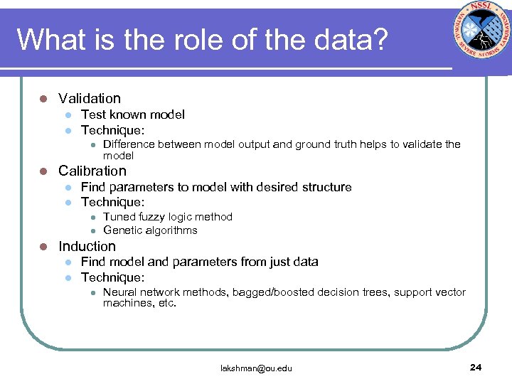 What is the role of the data? l Validation l l Test known model