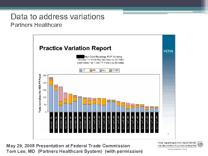 Data to address variations Partners Healthcare May 29, 2008 Presentation at Federal Trade Commission