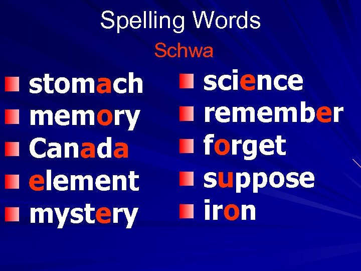 Spelling Words Schwa stomach memory Canada element mystery science remember forget suppose iron 