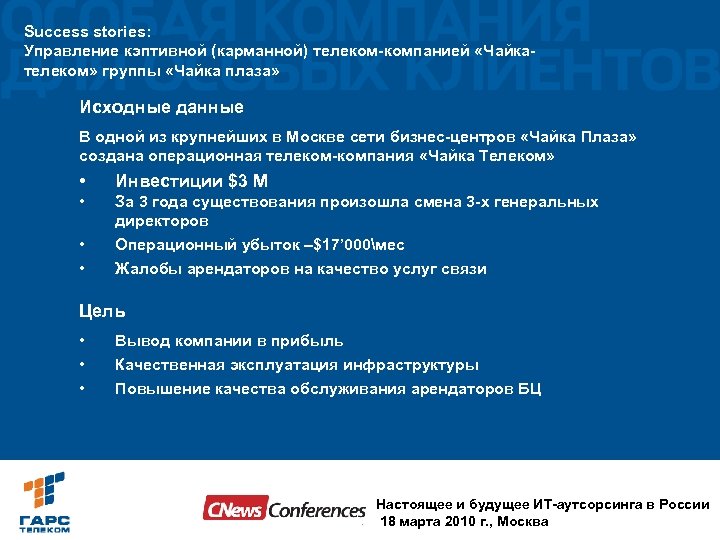 Success stories: Управление кэптивной (карманной) телеком-компанией «Чайкателеком» группы «Чайка плаза» Исходные данные В одной