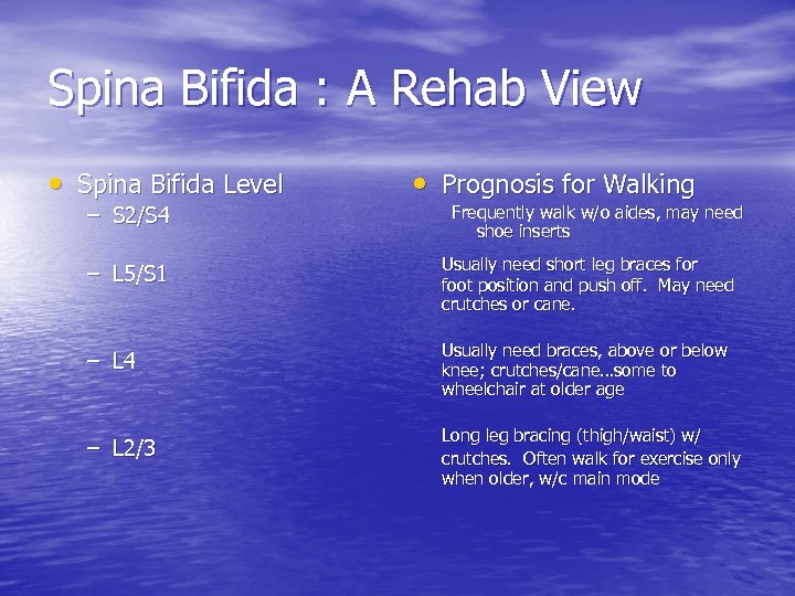 Spina Bifida : A Rehab View • Spina Bifida Level – S 2/S 4