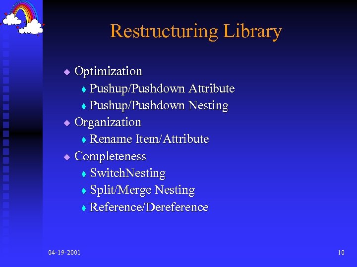 Restructuring Library Optimization t Pushup/Pushdown Attribute t Pushup/Pushdown Nesting u Organization t Rename Item/Attribute