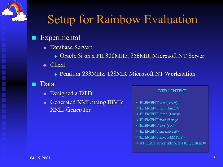 Setup for Rainbow Evaluation n Experimental u u n Database Server: t Oracle 8