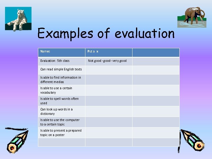 Examples of evaluation Name: Put a x Evaluation: 5 th class Not good -good-